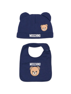 Moschino Kids Set Cappello e Bavetta con Logo Teddy Blu Navy per Neonati