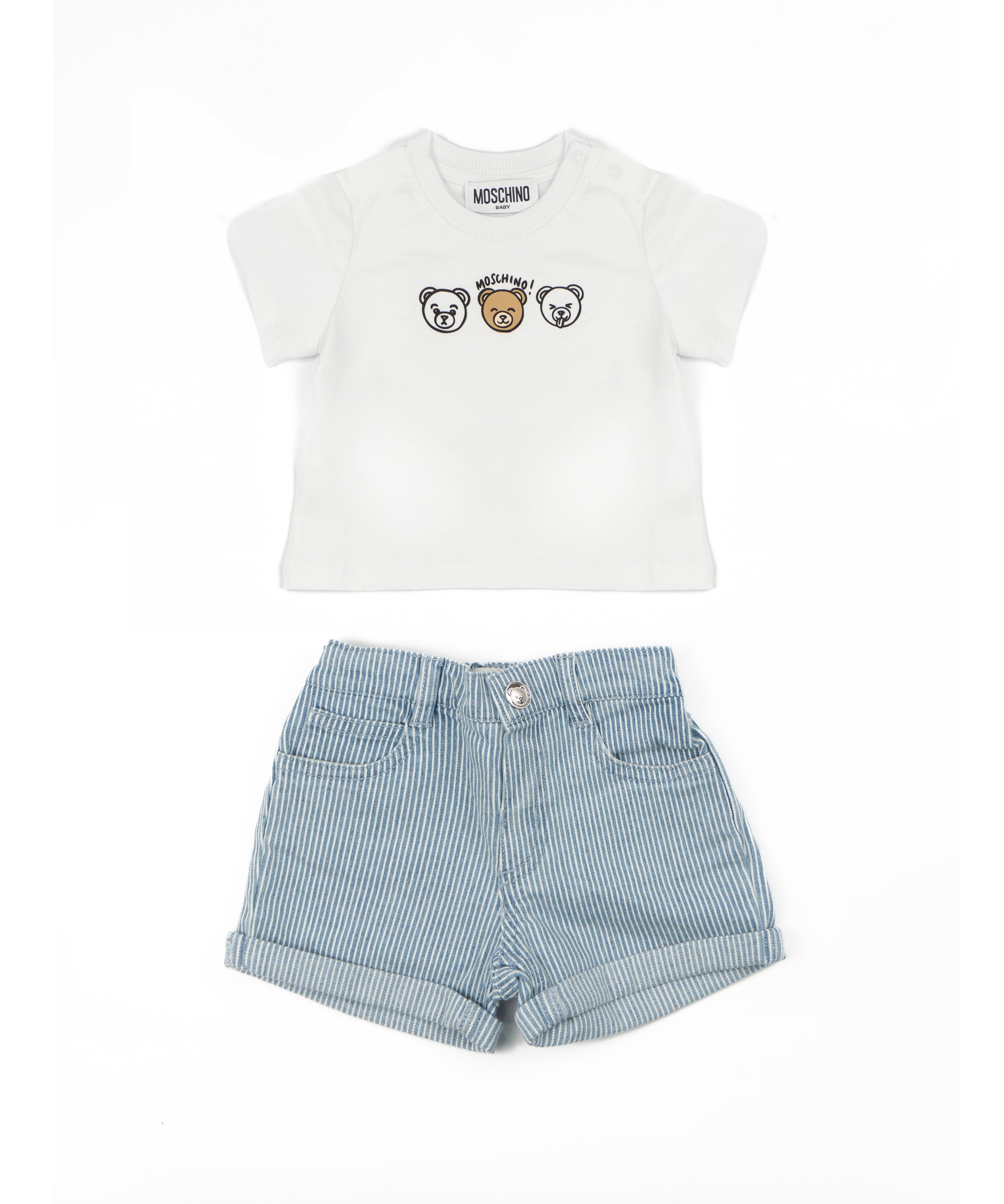 Moschino Kids T-Shirt Bianco con Teddy Bear+Short in Jeans per Neonati