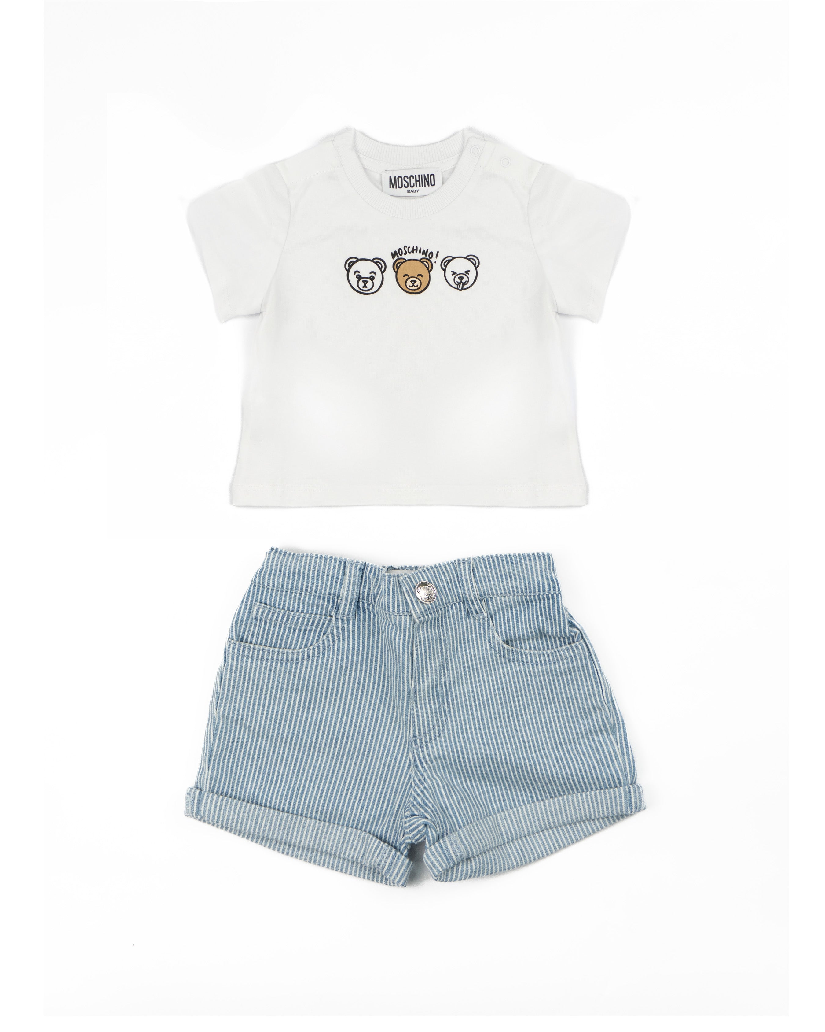 Moschino Kids T-Shirt Bianco con Teddy Bear+Short in Jeans per Neonati
