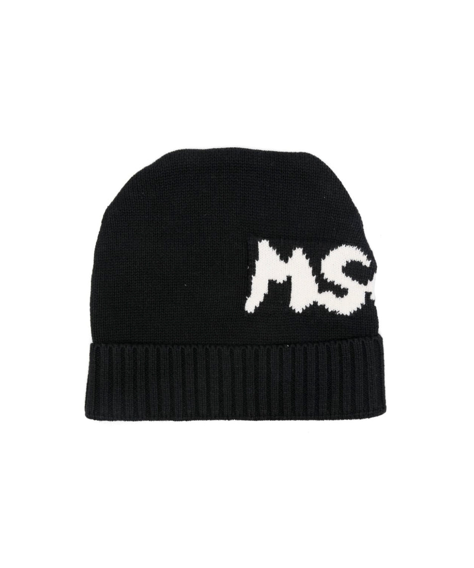 MSGM Kids Cappello Beanie Nero con Stampa per Bambine