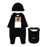 BOSS Kids Set Nascita 3 Pezzi Nero con Tutina, Cappellino e Bavaglino con Logo per Neonati