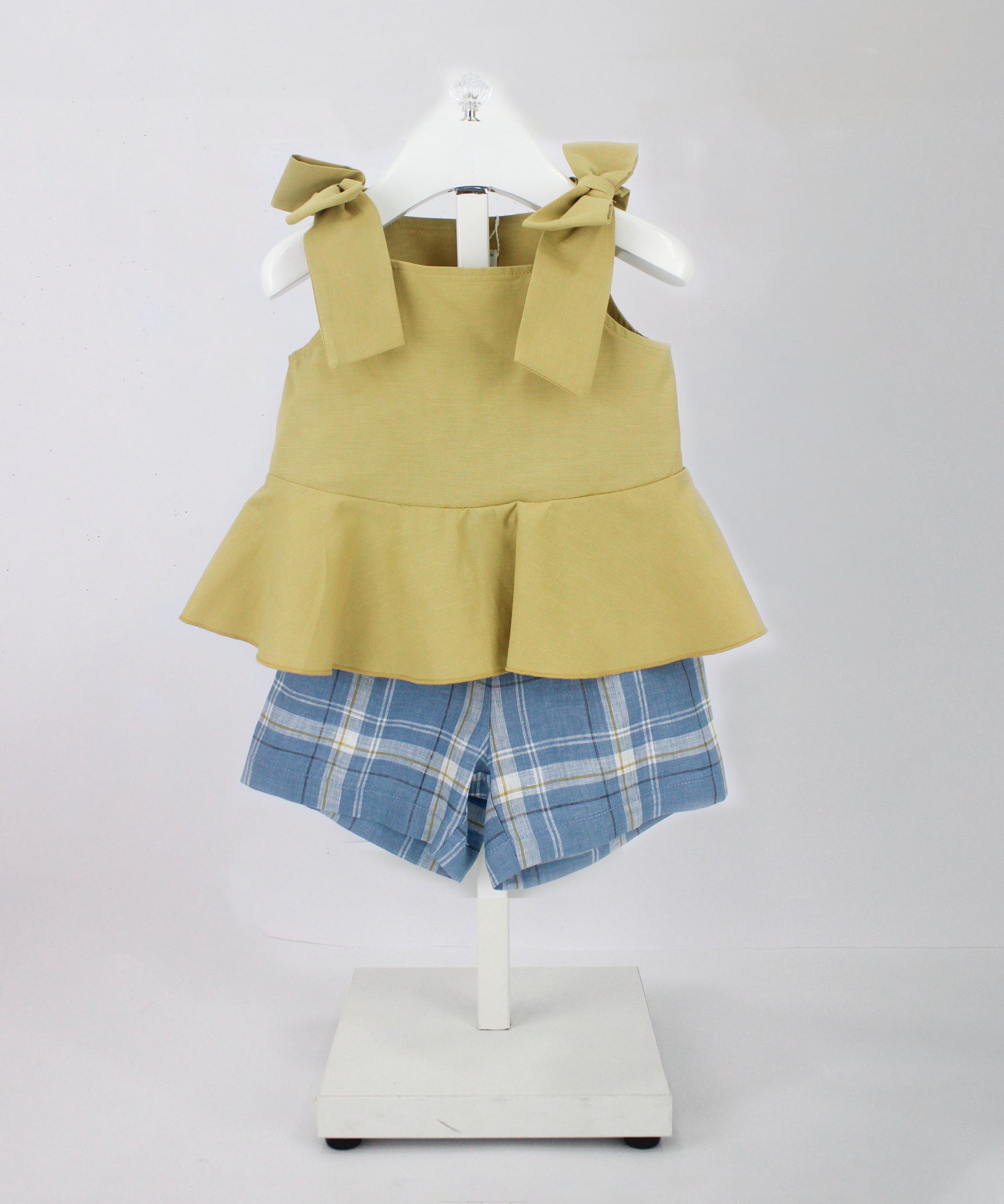 Barcellino Top Senape con Fiocchi con Shorts Blu per Neonate