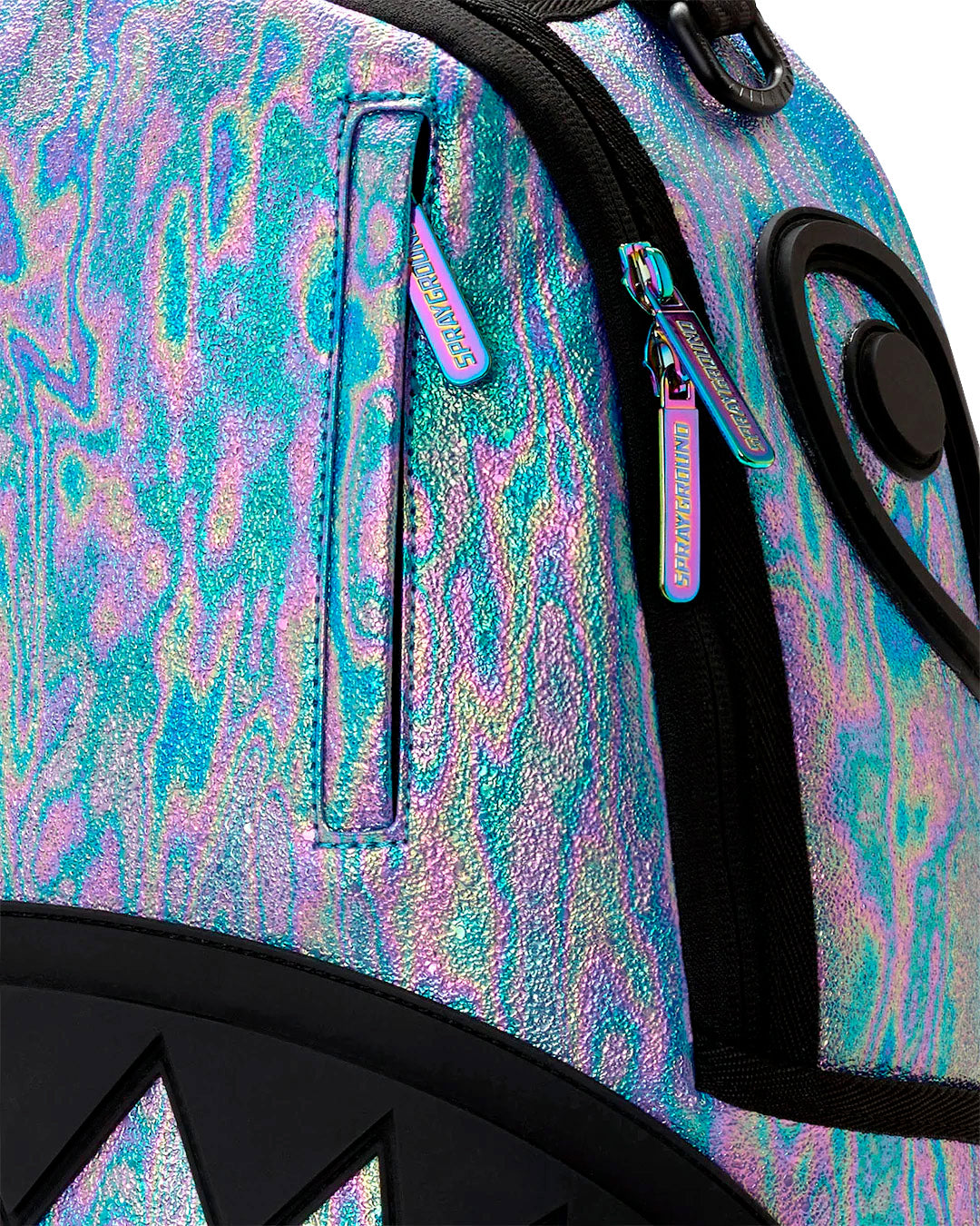 Sprayground Kids Zaino Think On It Unisex Iridescente Azzurro e Viola con Shark Mouth in Rilievo Nero
