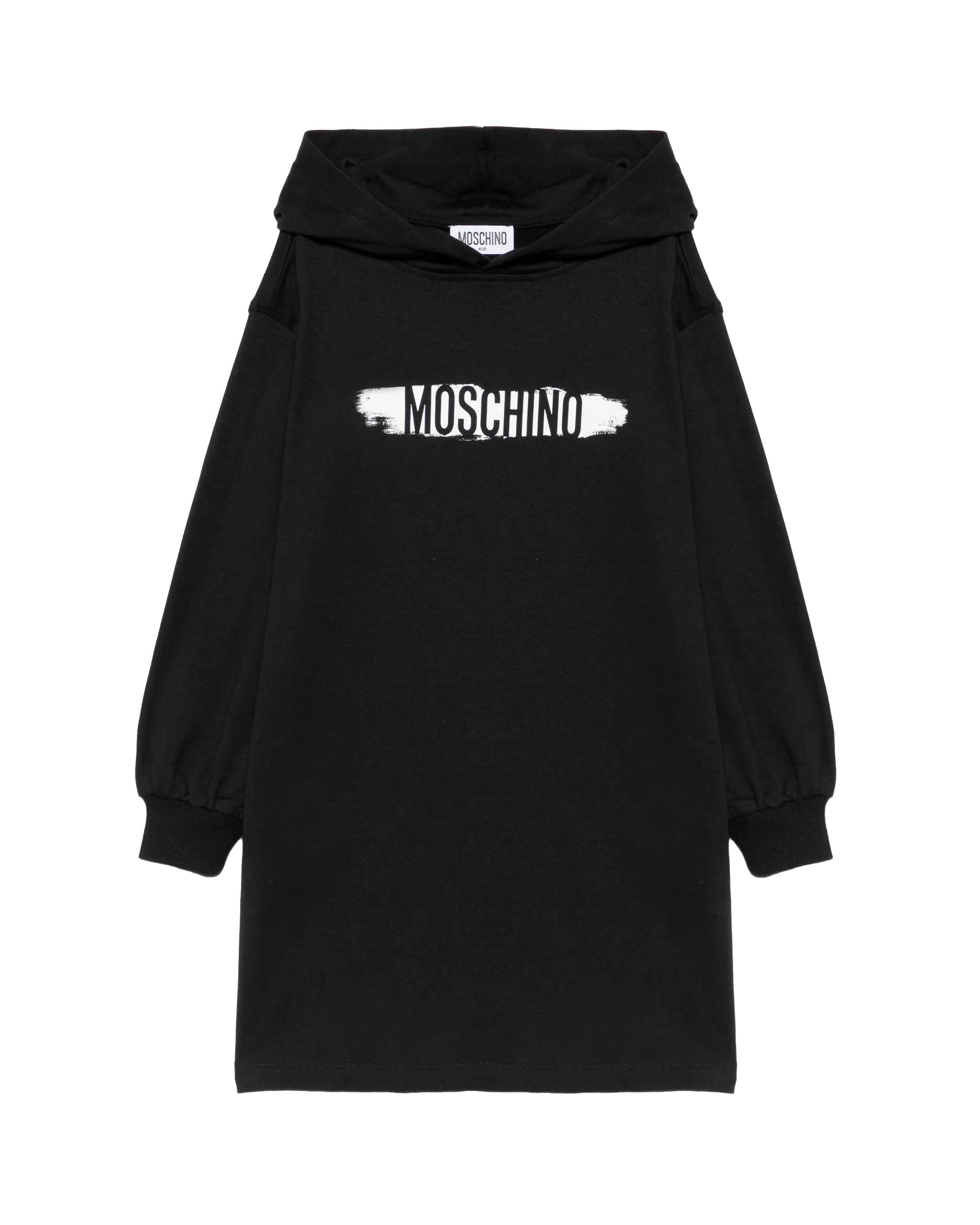 Moschino Kids Vestito Nero con Cappuccio in Felpa e Stampa Logo Pennellata per Bambine
