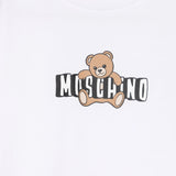 Moschino Kids Abito Bianco con Gonna Rouches e Logo Teddy Bear per Bambine