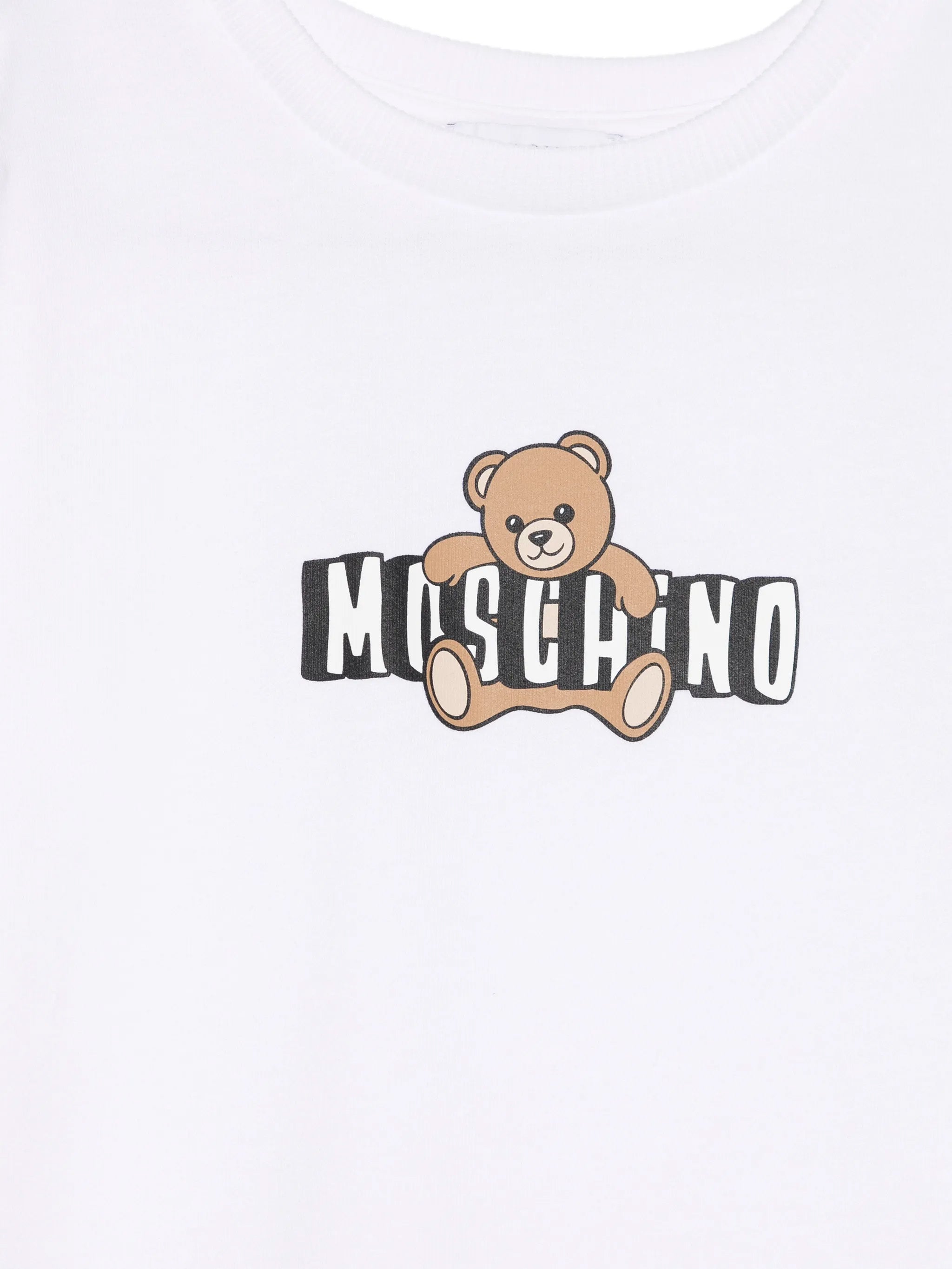 Moschino Kids Abito Bianco con Gonna Rouches e Logo Teddy Bear per Bambine