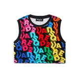 Dsquared2 Kids T-shirt Smanicata Cropped con Stampa Logo Multicolor All-Over per Bambine