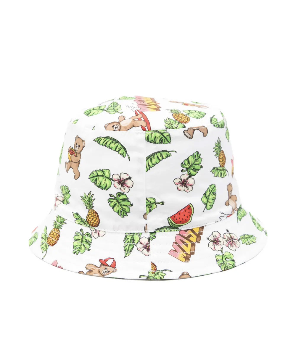 Moschino Kids Cappello Bianco con Fantasia Hawaii All-Over per Neonati