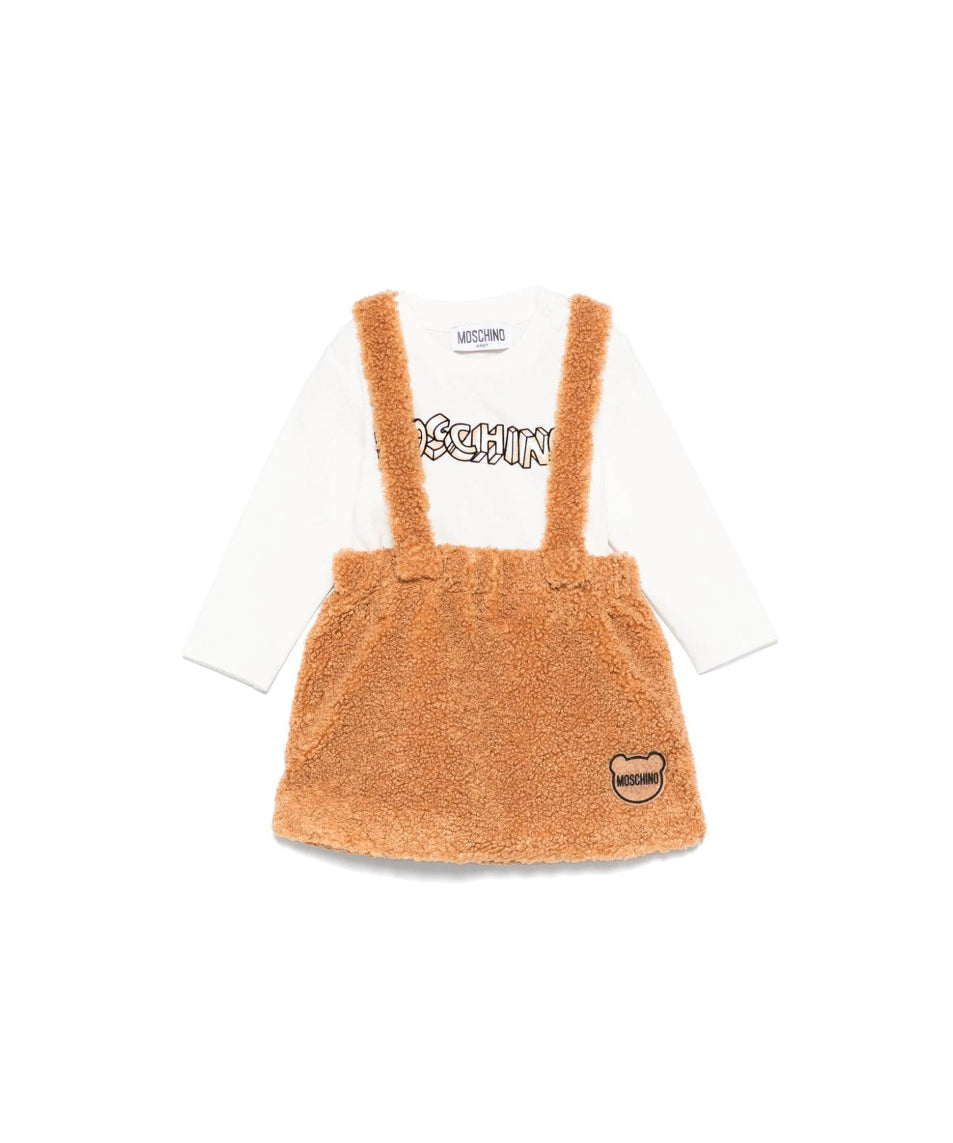 Moschino Kids Completo Gonna Salopette Peluche con T-shirt Panna per Neonate