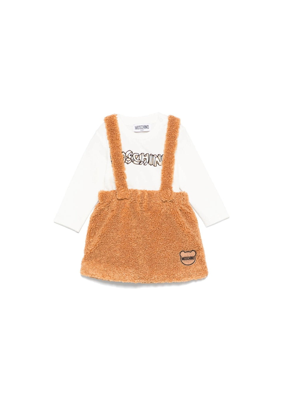 Moschino Kids Completo Gonna Salopette Peluche con T-shirt Panna per Neonate