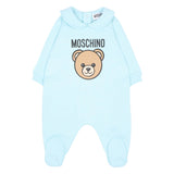 Moschino Kids Set Nascita Celeste con Tutina, Cappellino e Bavaglino con Stampa Teddy Bear e Logo per Neonati