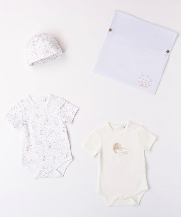 Minibanda Body Bianco e Tortora con Cappellino e PortaBody per Neonati