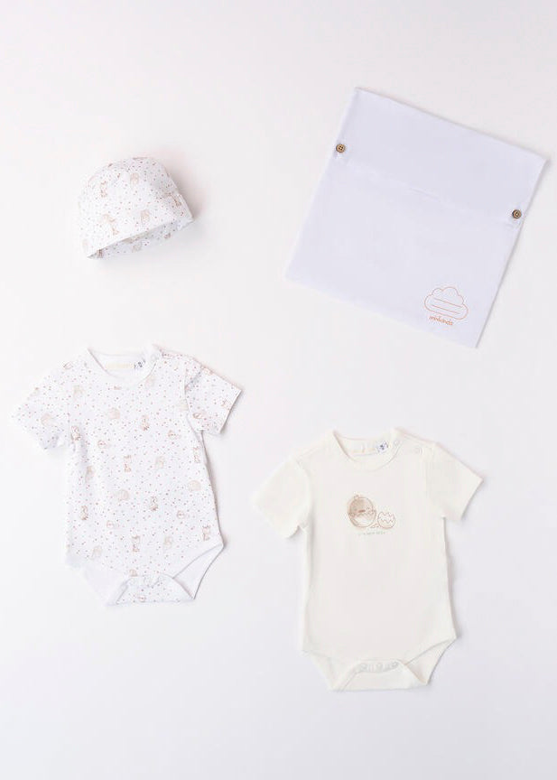 Minibanda Body Bianco e Tortora con Cappellino e PortaBody per Neonati