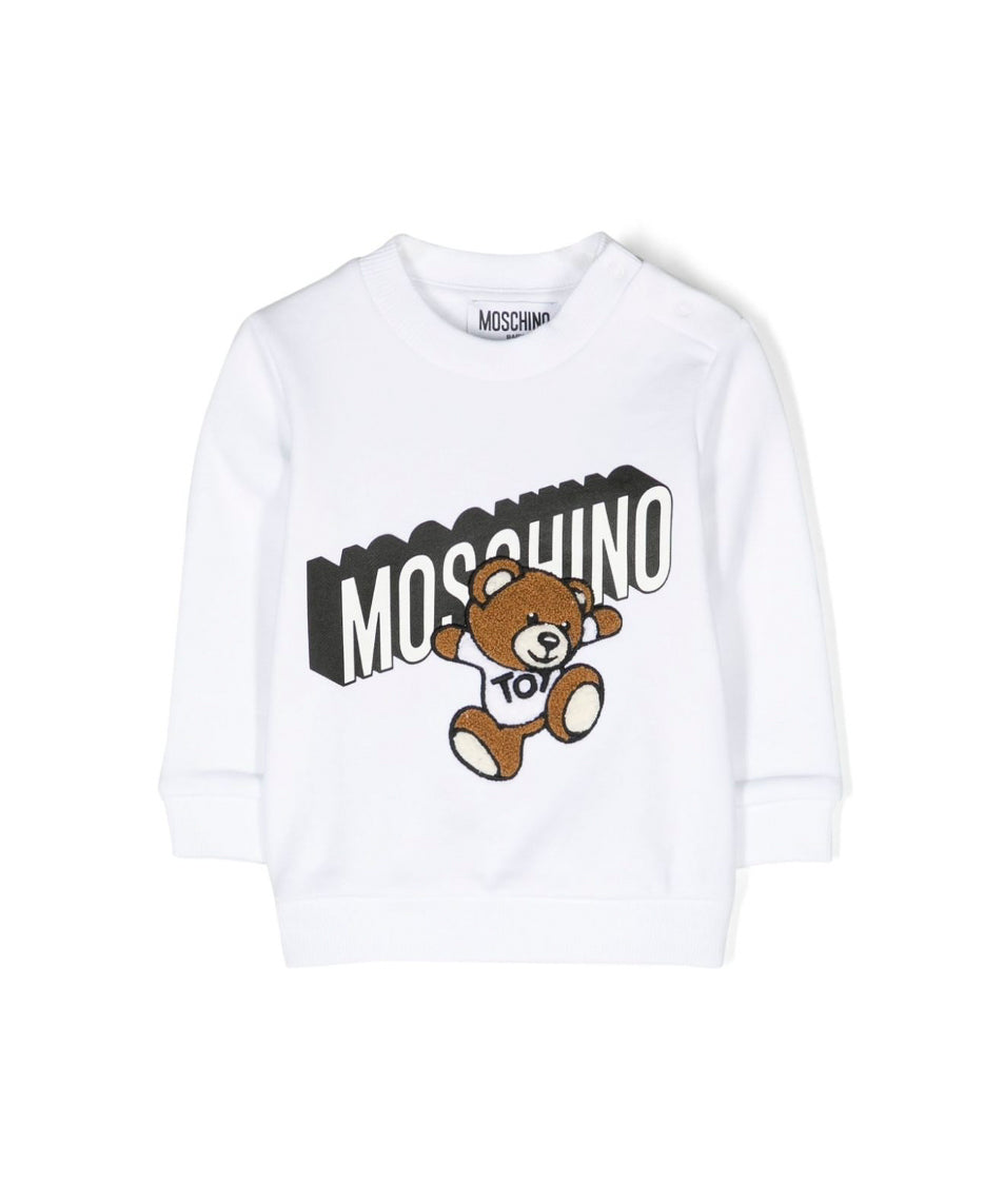 Moschino Kids Felpa Bianca Girocollo con Logo e Patch Teddy Bear per Neonati