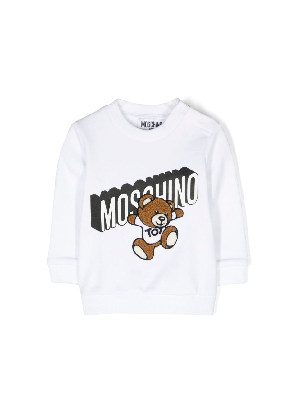 Moschino Kids Felpa Bianca Girocollo con Logo e Patch Teddy Bear per Neonati