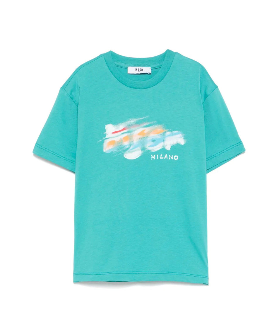 MSGM Kids T-shirt Verde Ottanio con Blurred Logo per Bambini fronte