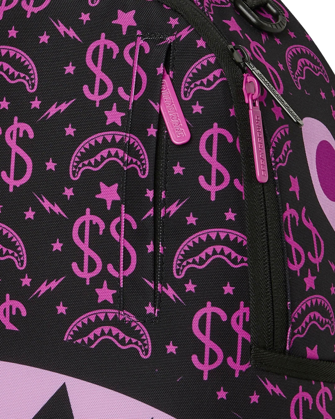 Sprayground Kids Think On It Zaino Nero con Stampa Shark Mouth e Dollari Rosa