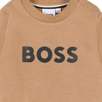 Hugo Boss Kids Felpa Girocollo Beige con Stampa Logo e Apertura con Bottoni Spalla per Neonati
