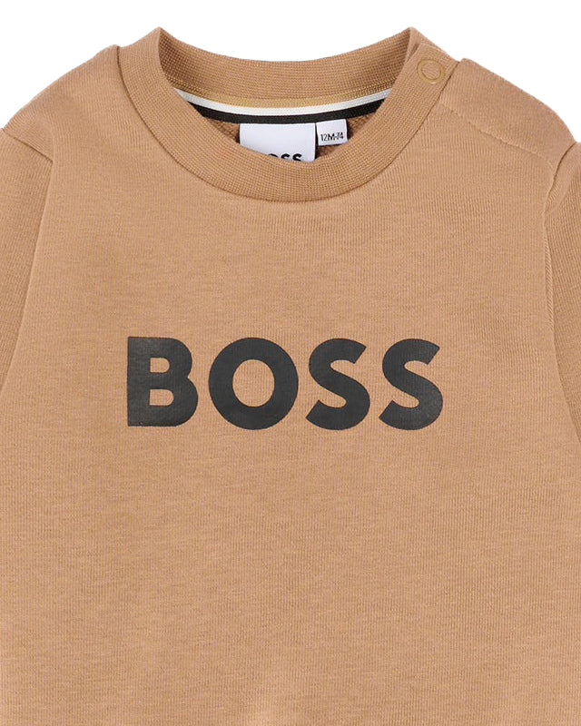 Hugo Boss Kids Felpa Girocollo Beige con Stampa Logo e Apertura con Bottoni Spalla per Neonati
