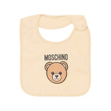 Moschino Kids Set Cappello e Bavetta Beige con Stampa Logo Teddy Unisex per Neonati