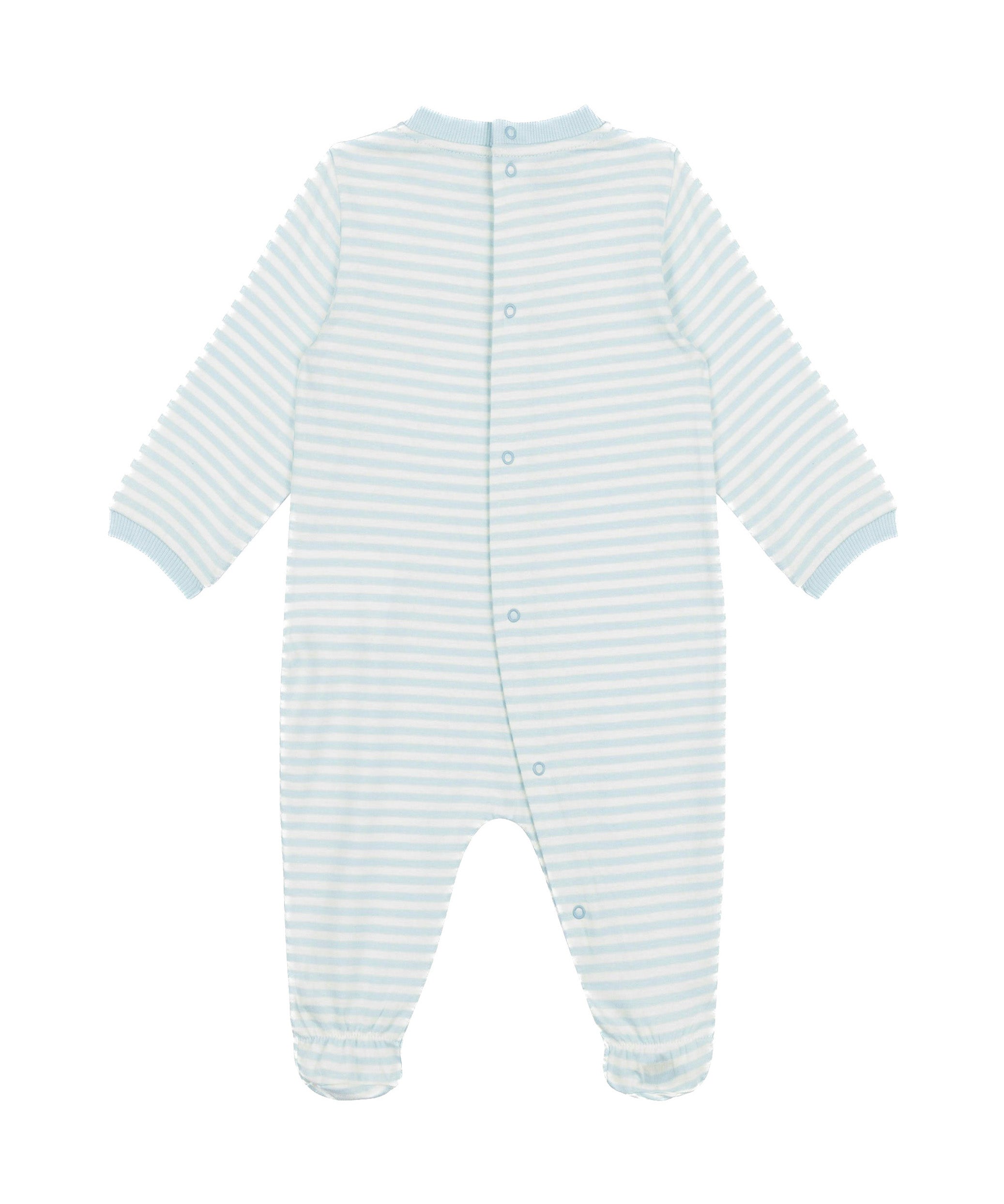 Moschino Kids Tutina Celeste a Righe con Logo per Neonati (retro)