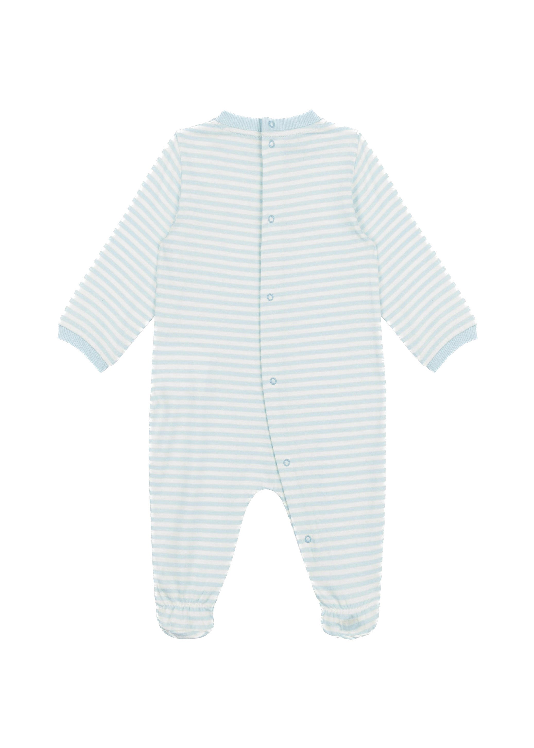 Moschino Kids Tutina Celeste a Righe con Logo per Neonati (retro)