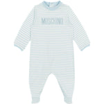 Moschino Kids Tutina Celeste a Righe con Logo per Neonati