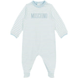 Moschino Kids Tutina Celeste a Righe con Logo per Neonati