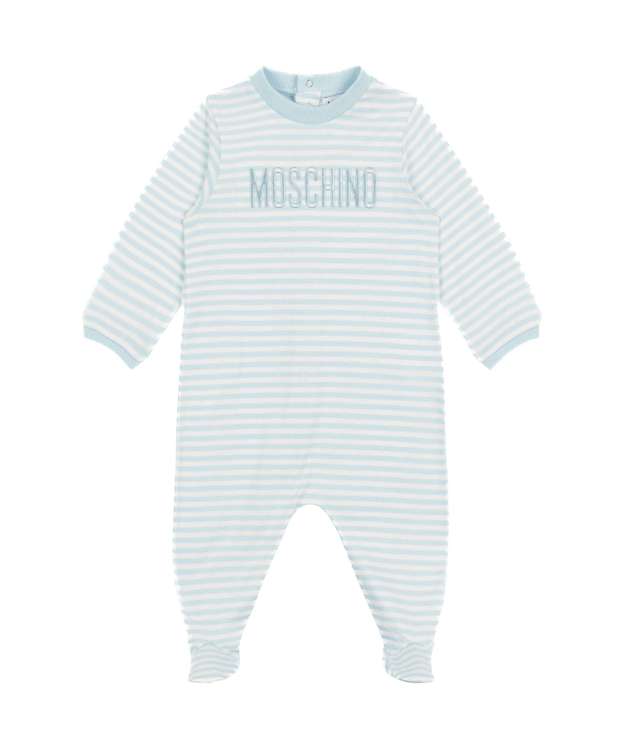 Moschino Kids Tutina Celeste a Righe con Logo per Neonati