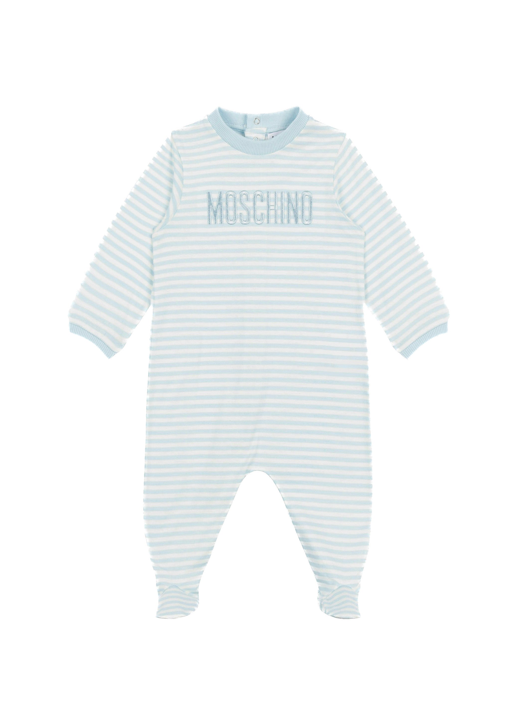 Moschino Kids Tutina Celeste a Righe con Logo per Neonati