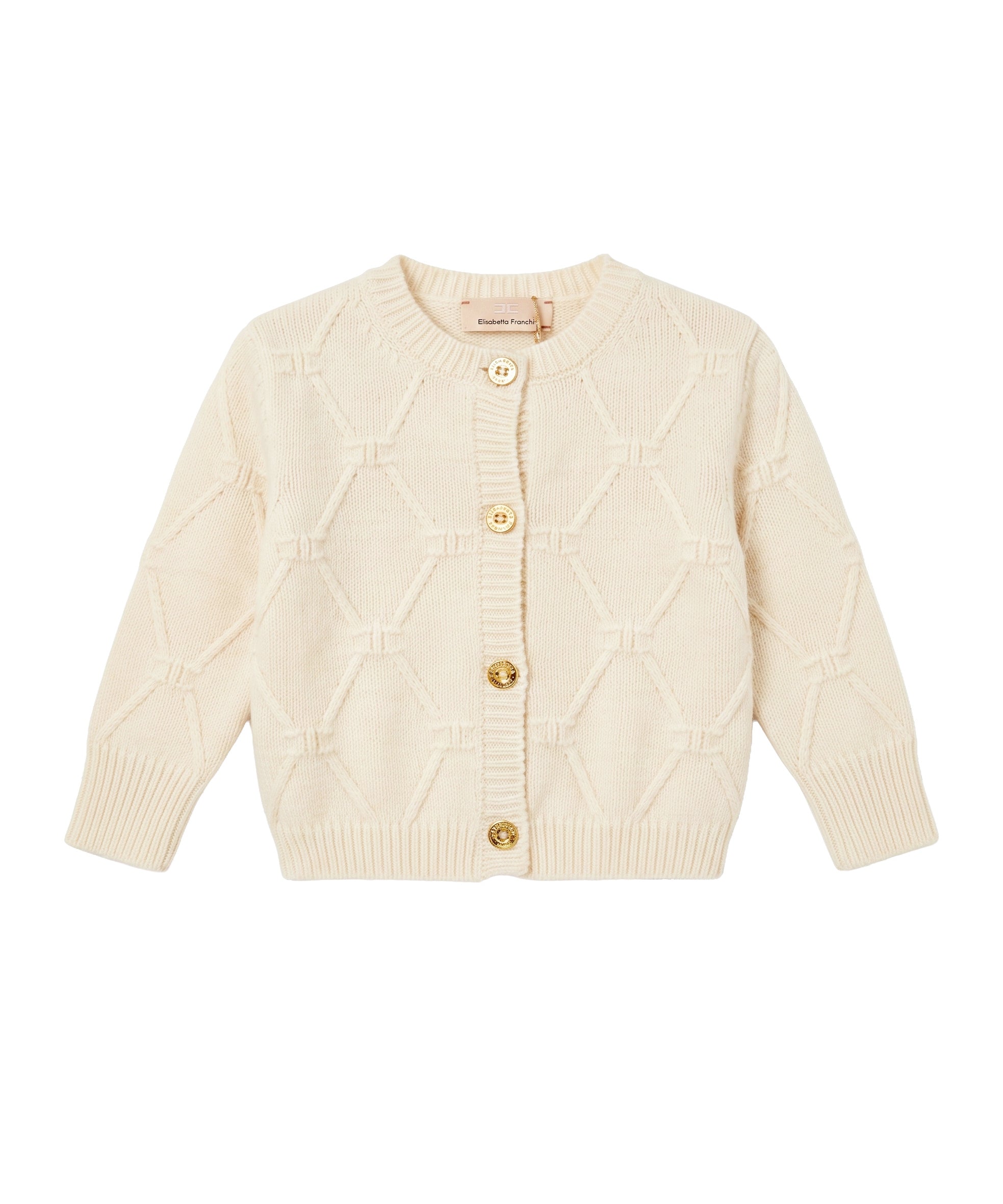 Elisabetta Franchi La Mia Bambina Cardigan Burro in Maglia con Motivo Fiocchi e Bottoni Oro per Neonate