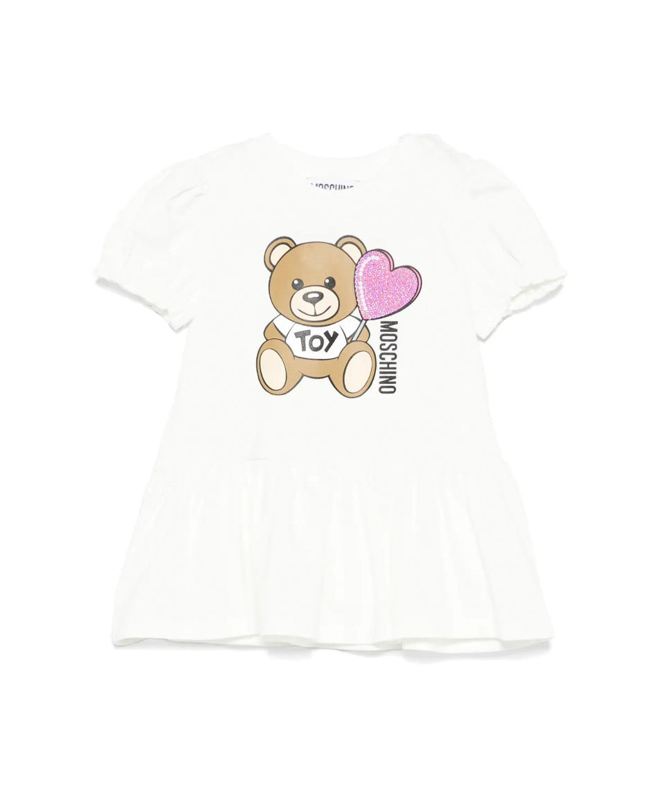 Moschino Kids Abito Bianco con Stampa e Ruches per Neonate