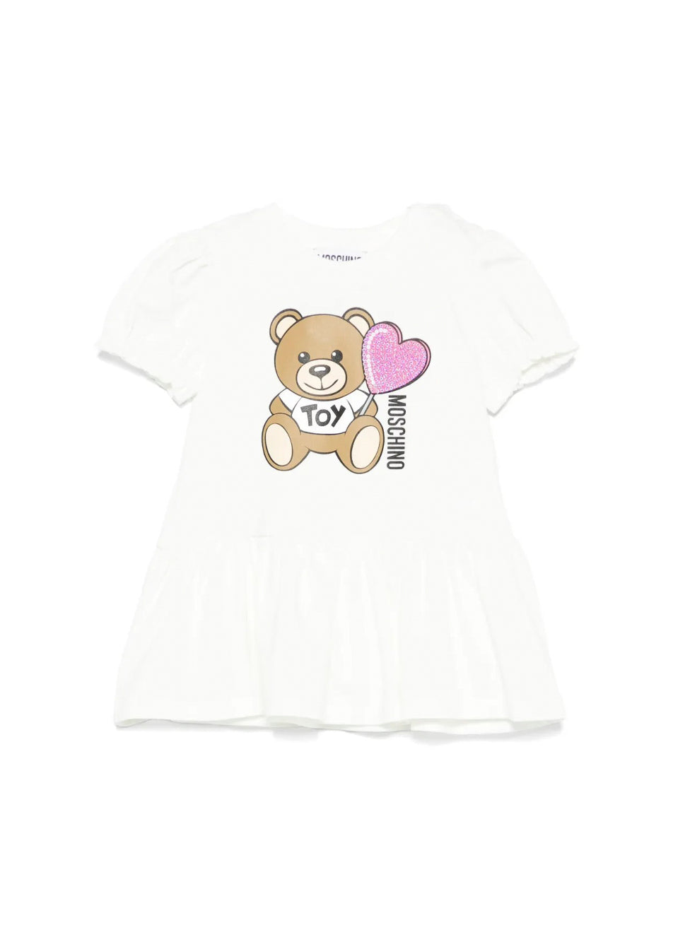 Moschino Kids Abito Bianco con Stampa e Ruches per Neonate