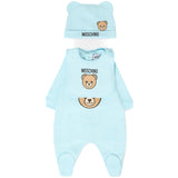 Moschino Kids Tutina con Bavetta e Cappellino Celeste con Logo per Neonati