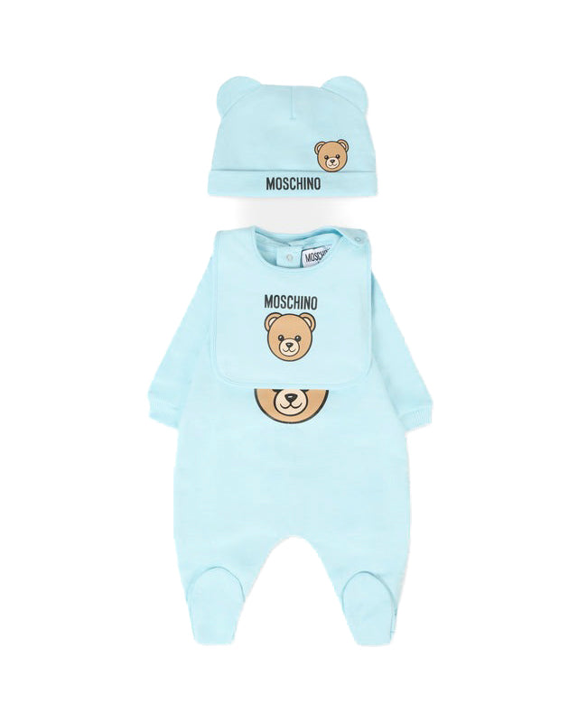 Moschino Kids Tutina con Bavetta e Cappellino Celeste con Logo per Neonati