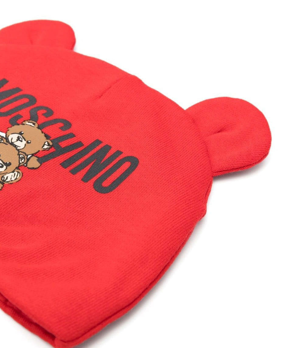 Moschino Kids Cappellino Rosso con Stampa Logo Teddy Bear per Neonati (dettaglio)