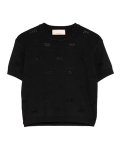 Elisabetta Franchi La Mia Bambina T-shirt in Maglia Nera con Strass Logo per Bambine