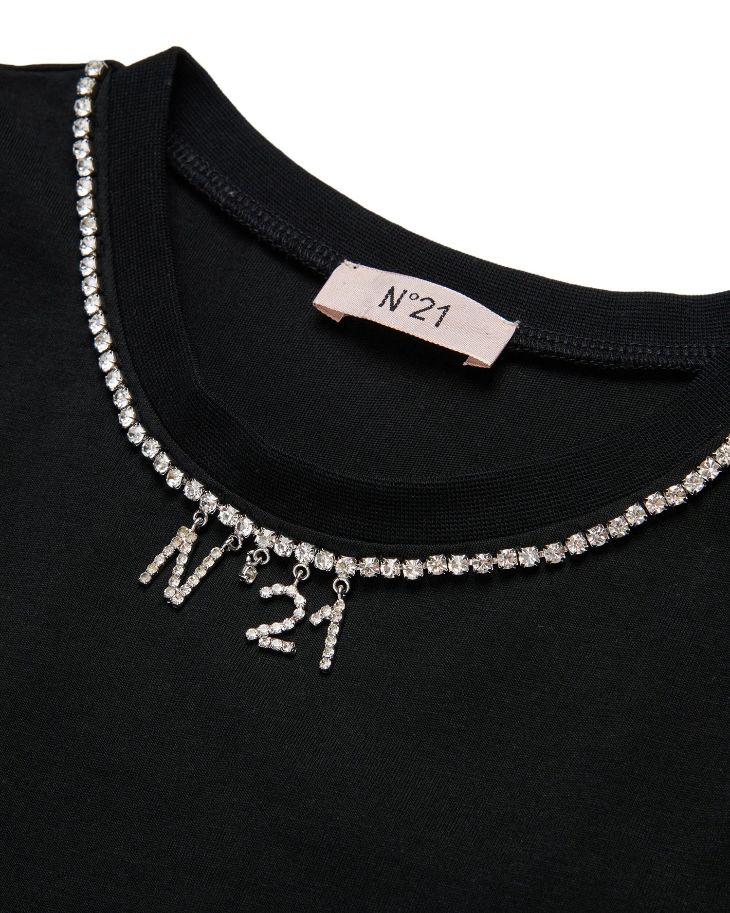 N21 Kids Canotta Nera con Dettagli Strass e Logo per Bambine