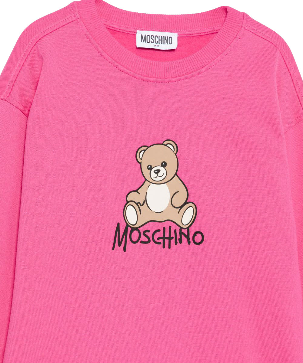 Moschino Kids Vestito Fuxia in Felpa con Stampa Teddy Bear e Logo per Bambine