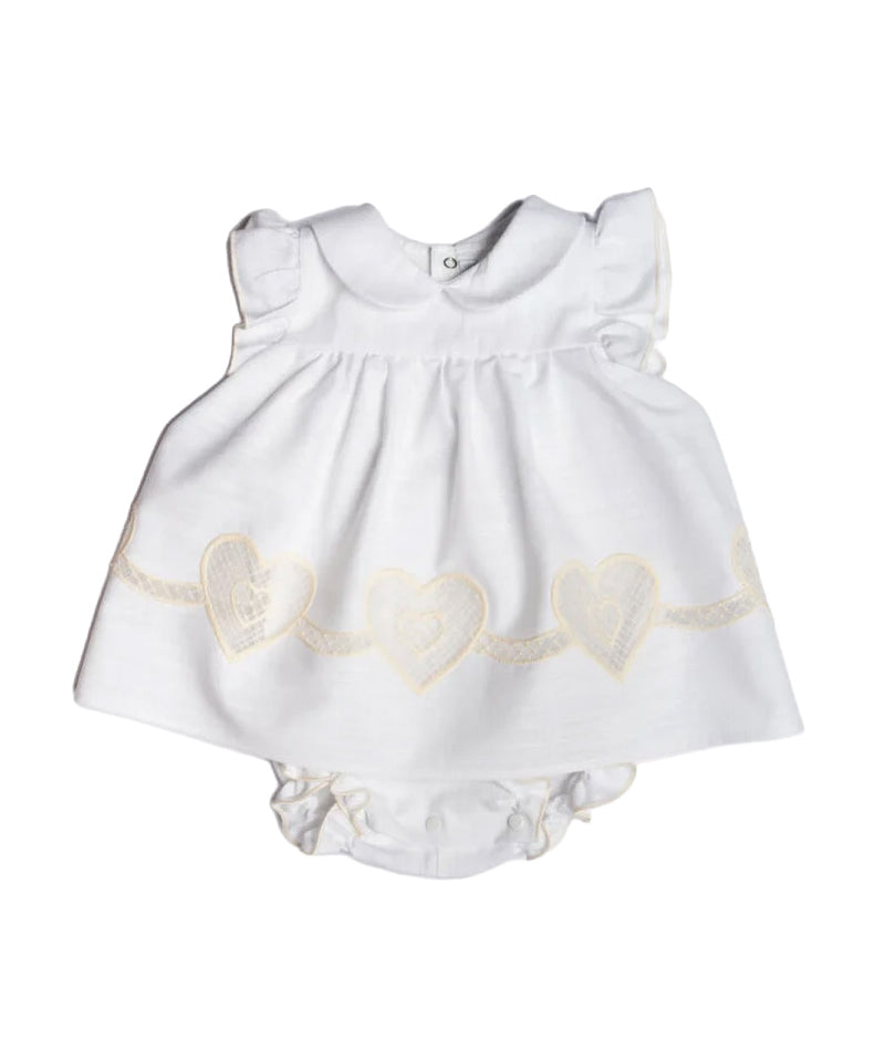 Barcellino Kids Tutina Bianco e Beige con Ricami a Cuore per Neonate