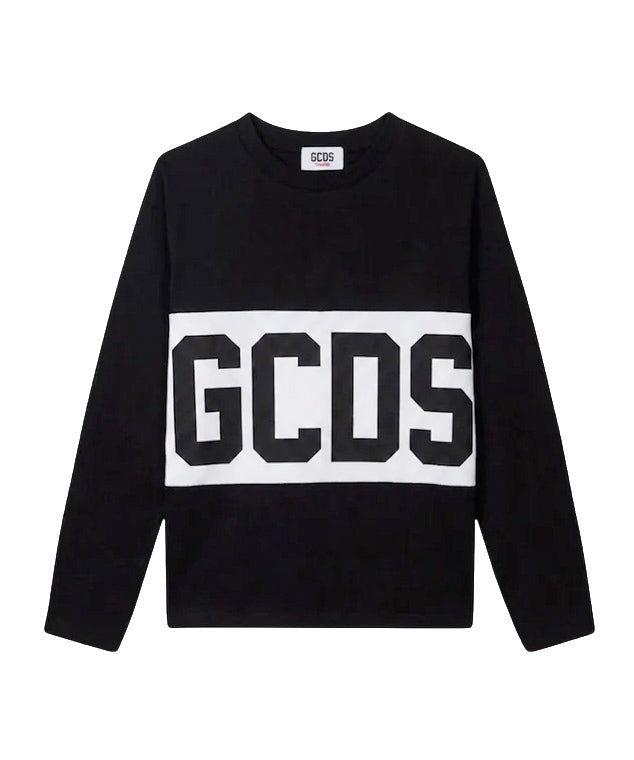Gcds Kids T-Shirt a Maniche Lunghe Nero con Banda Logata Bianco Unisex