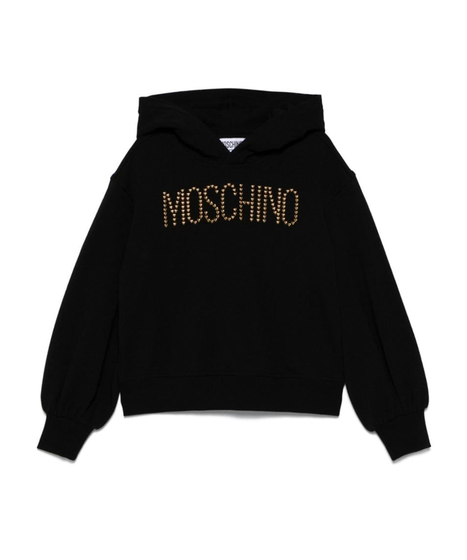 Moschino Kids Felpa Nera con Cappuccio e Logo Borchiato per Bambine