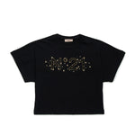 N21 Kids T-shirt Nera con Scritta Logo in Strass a Contrasto per Bambine