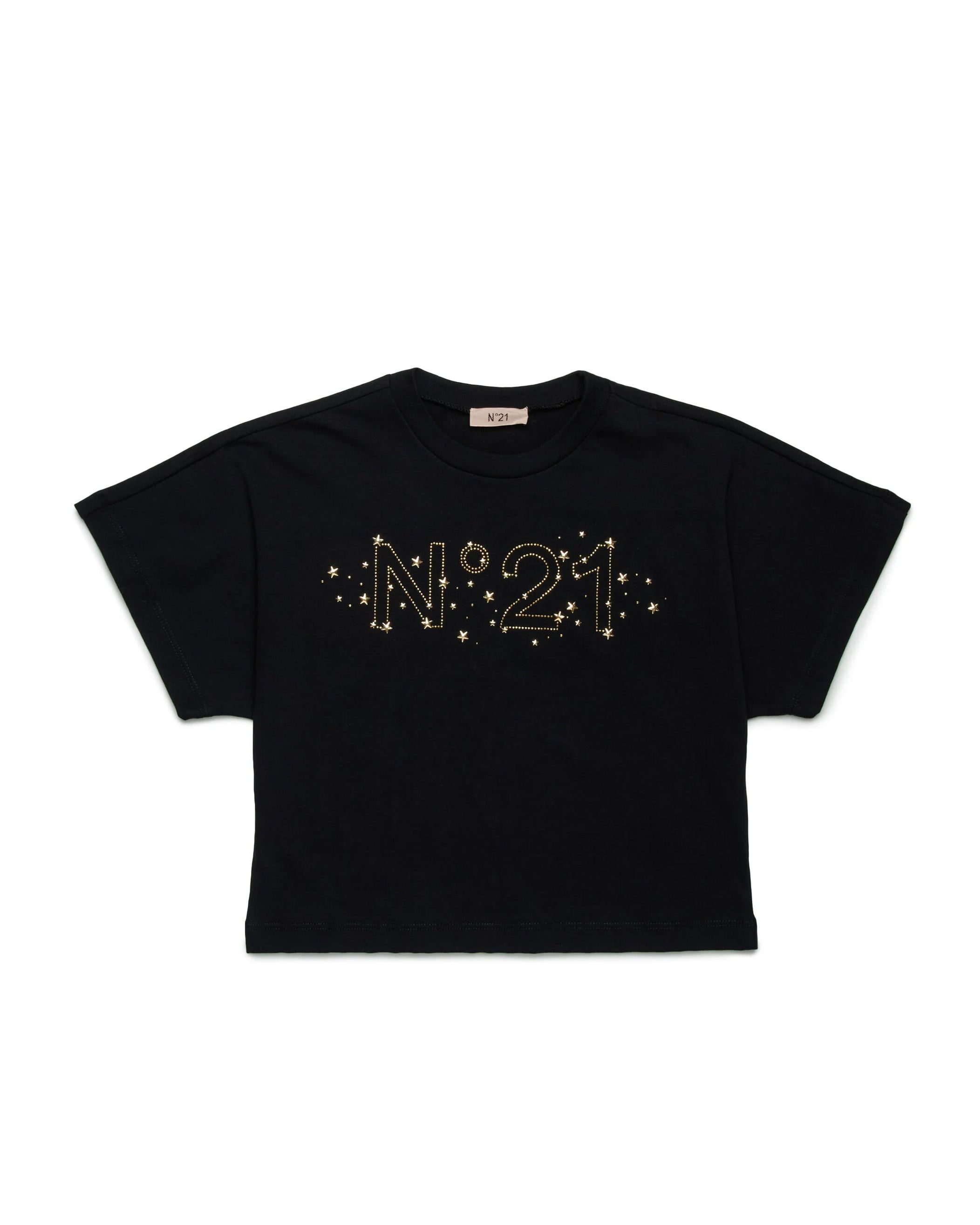 N21 Kids T-shirt Nera con Scritta Logo in Strass a Contrasto per Bambine