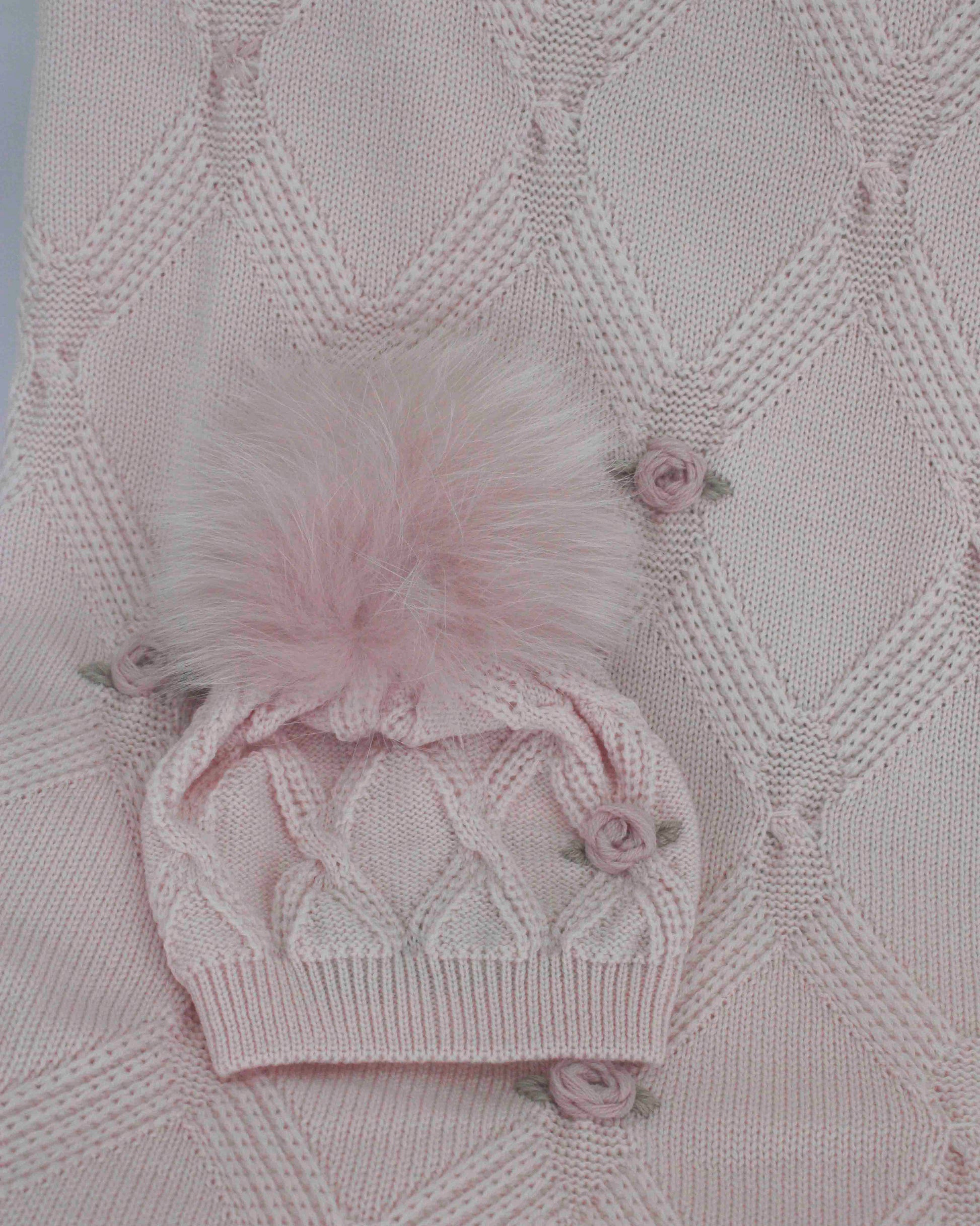 Marlù Cappello Rosa con Ricamo Fiore e Pon Pon per Neonate