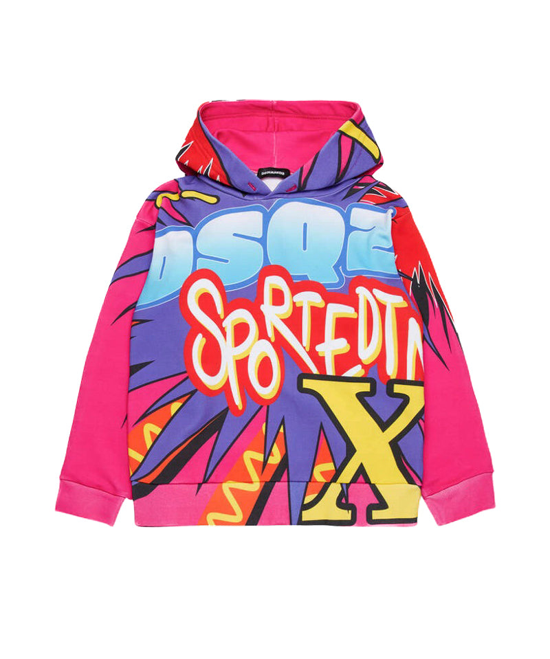 Dsquared2 Kids Felpa Fucsia con Cappuccio con Stampa Sport EDTN per Bambine