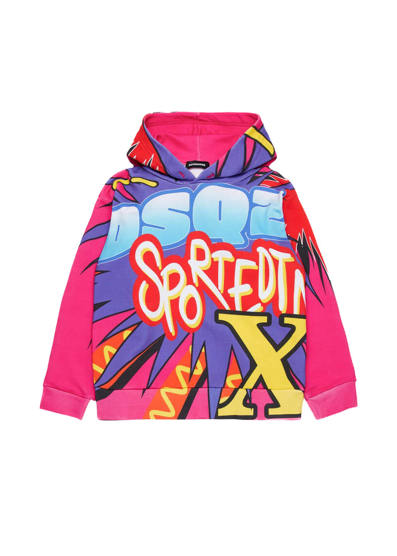 Dsquared2 Kids Felpa Fucsia con Cappuccio con Stampa Sport EDTN per Bambine