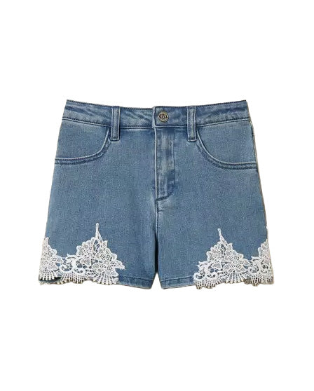 Twinset Kids Short in Denim con Dettagli in Pizzo per Bambine e Neonate