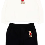 Moschino Kids Completo Tuta Maglia Panna e Pantaloni Neri con Stampa Teddy Bear e Cuore per Neonate