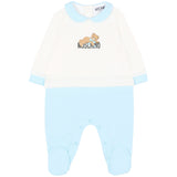 Moschino Kids Tutina Panna e Celeste in Cotone con Colletto e Stampa Teddy Bear per Neonati